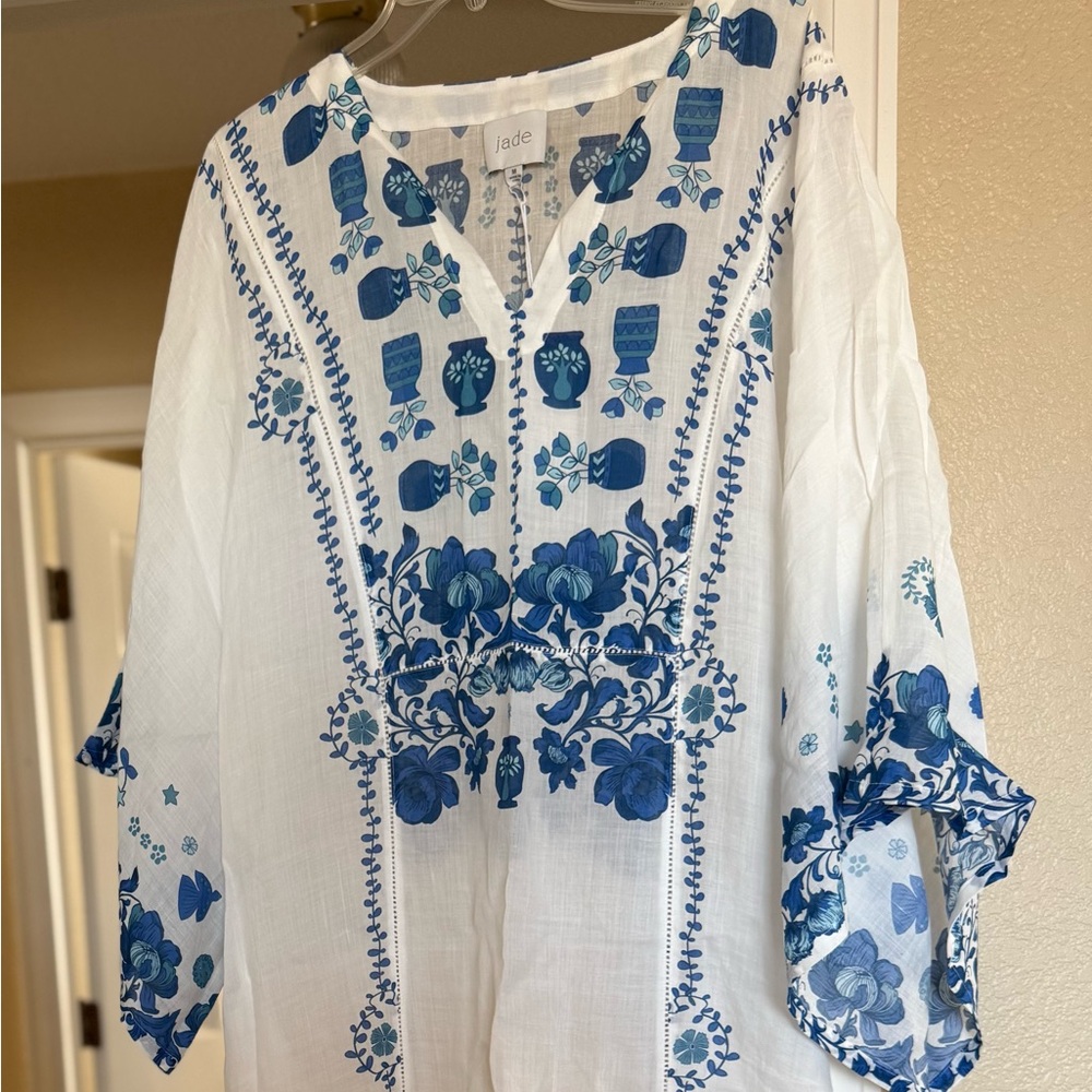 Camilla White and Blue Embroidered Kaftan